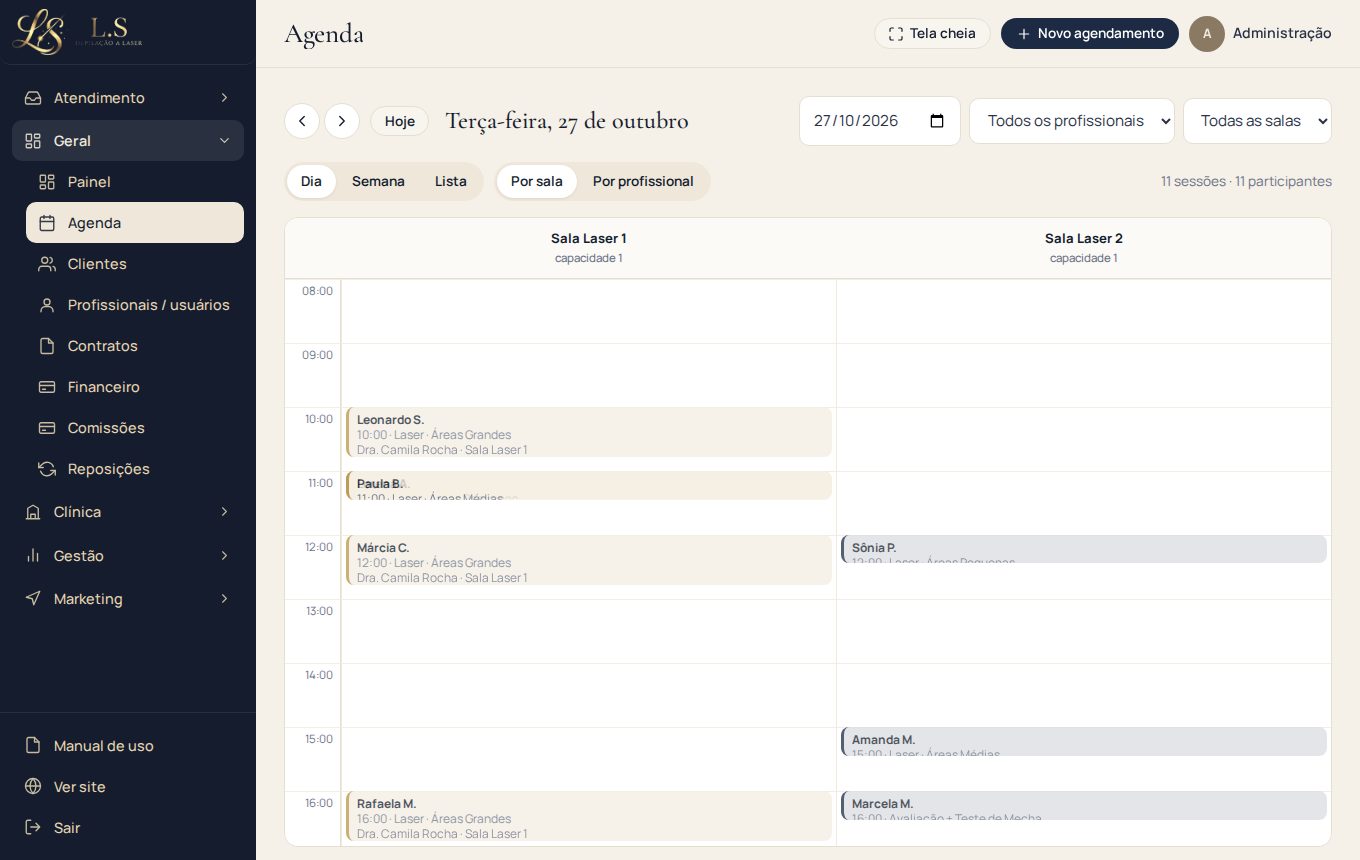 Agenda por sala, por profissional e por dia
