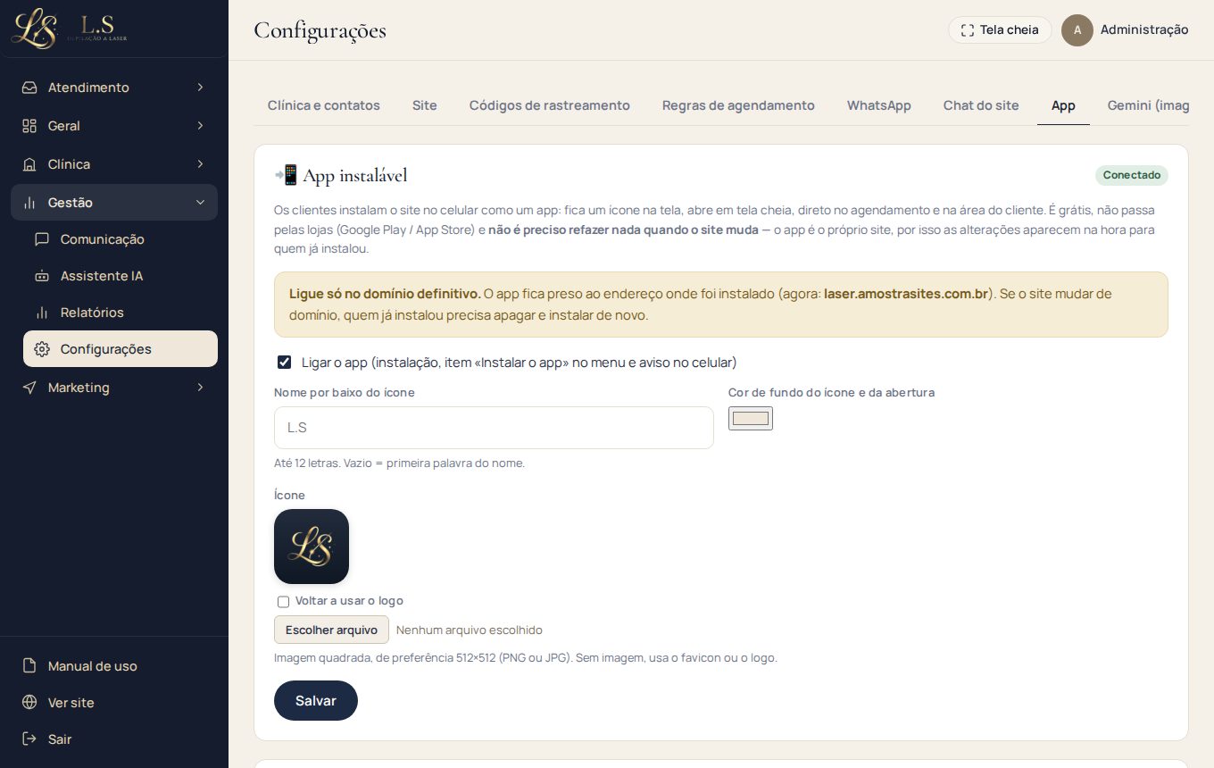A clínica na tela inicial da cliente